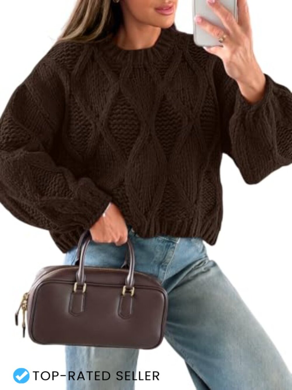Cropped Cable Knit Long Sleeve Sweater Crew Neck Pullover